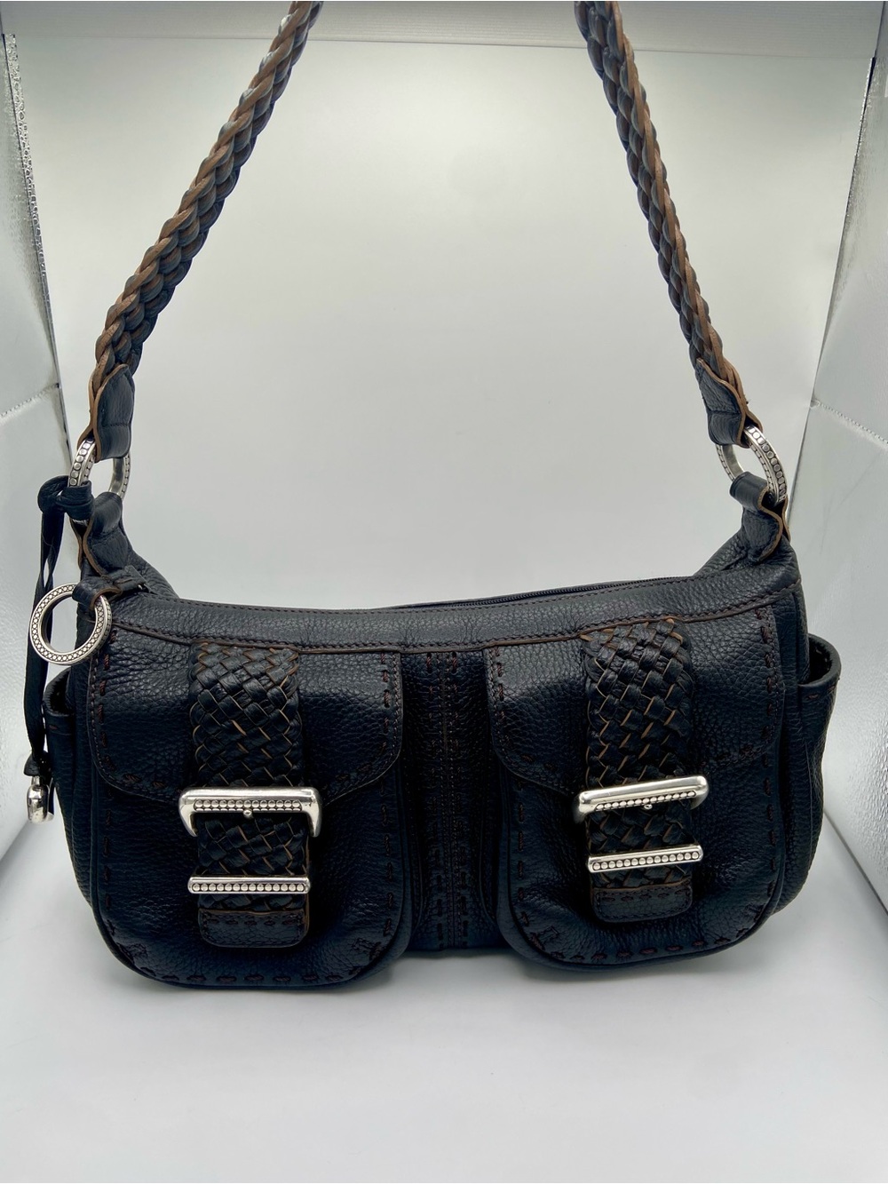 Brighton Black Leather Shoulder Bag Braided Strap Buckle Pockets Heart Charm